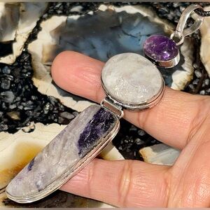 Crystal Pairing of Fluorite, Moonstone & Amethyst Pendant 3 7/8”; Large